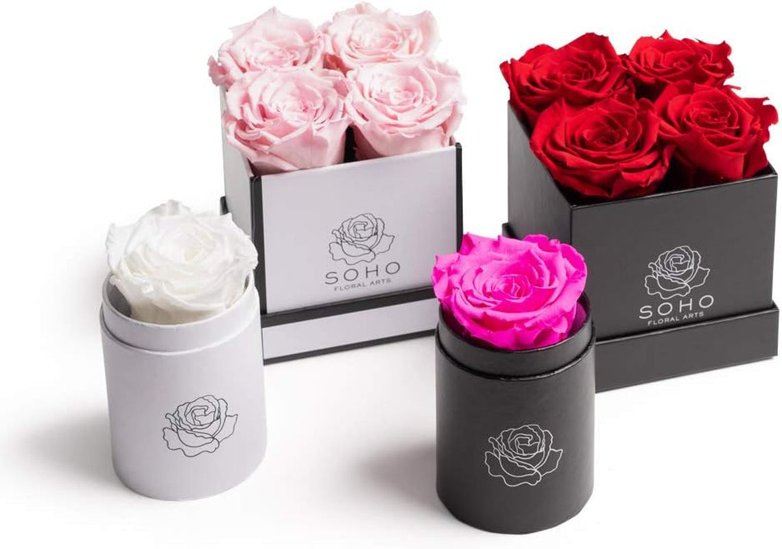 | Roses in a Box | Genuine Roses That Last for Years (White Square 4Ct, Radiant Pink) | Mothers Day Gifts