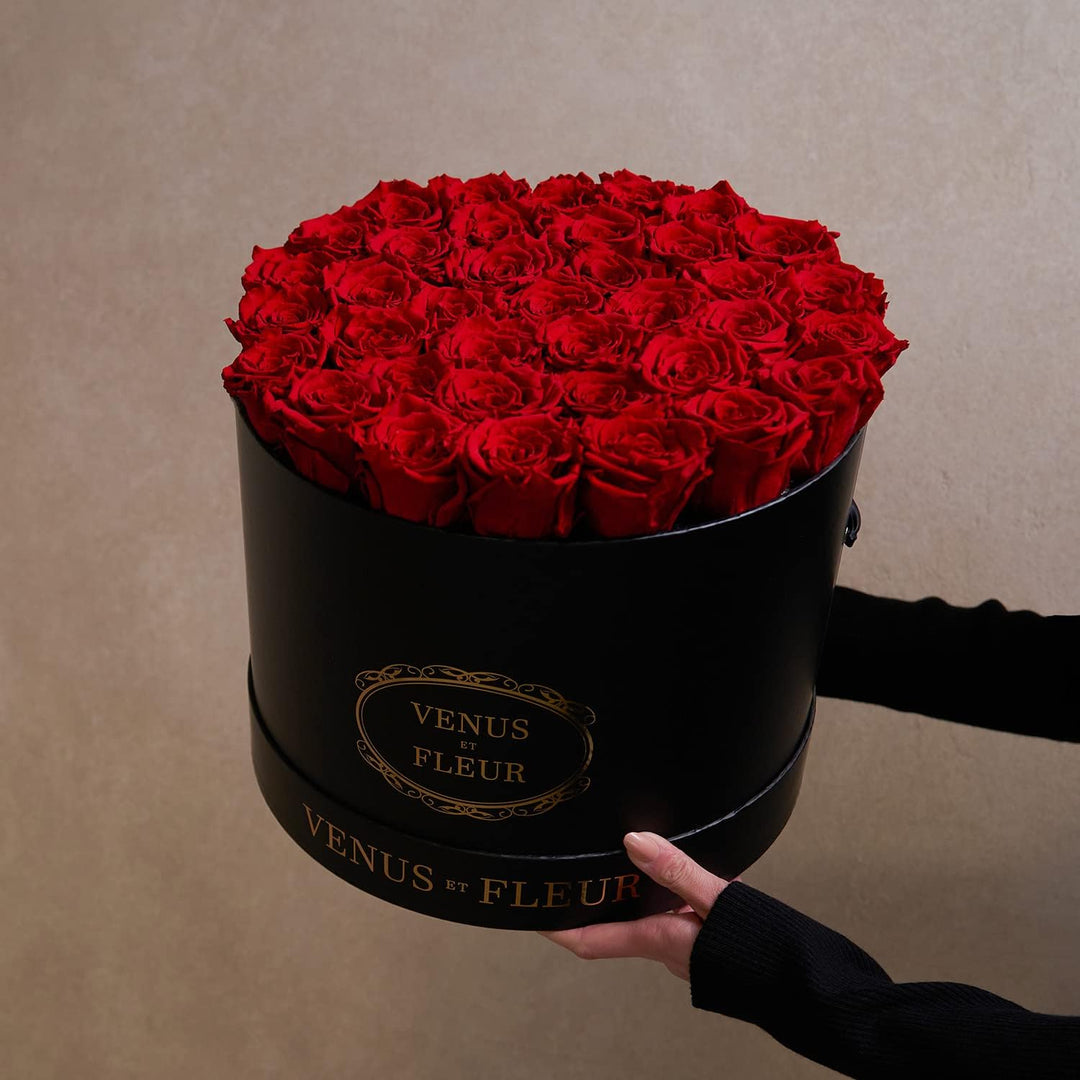 Eternal Rose Box with a red preserved flower and a jewelry drawer open